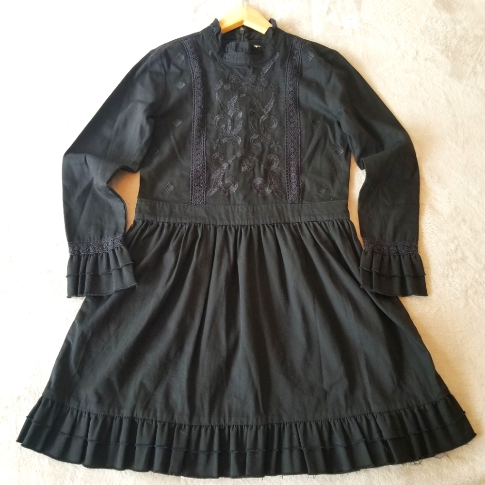 ONLY Crochet & Embroidered Yoke Ruffle Trim Mock Neck Black Mini Peasant Dress